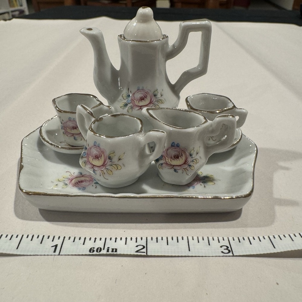 Vintage Mini Victorian Hand Painted Porcelain Dollhouse Tea Set Pink ~ Gold Trim